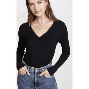 Anthropologie Maeve Thea Ribbed V-Neck Sweater Black XXS 2XS